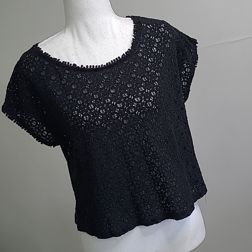 Pinky sz L black cropped lace pullover top